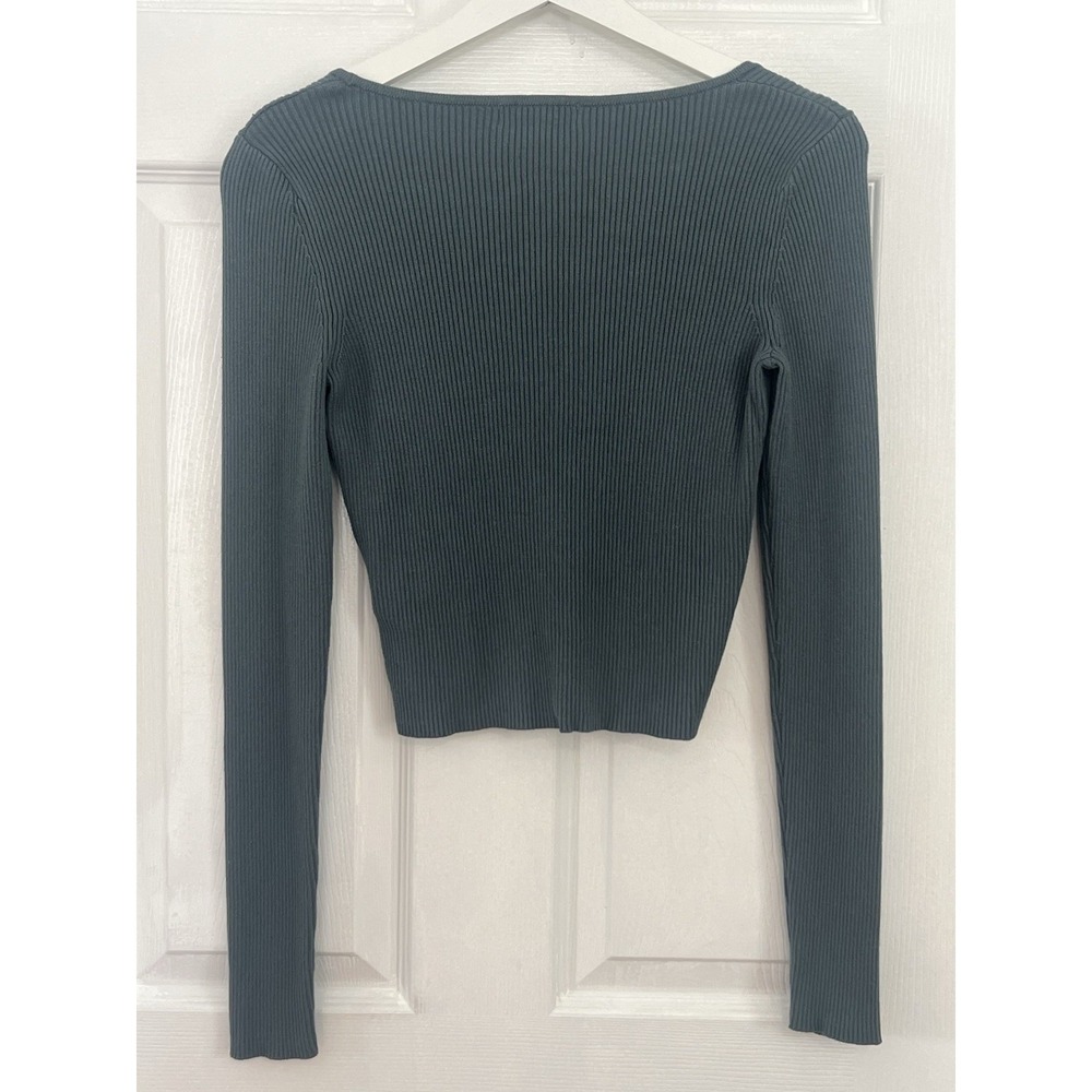 H&M Ribbed Knit Cardigan Top Button Front Fitted Crop Teal Casual Chic Cozy Sz S - Picture 3 of 7